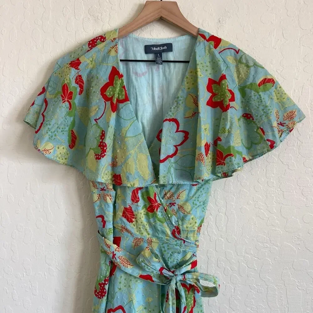 ModCloth 100% Cotton Lift Your Wings Wrap Midi Dress Large Blue Green Floral
